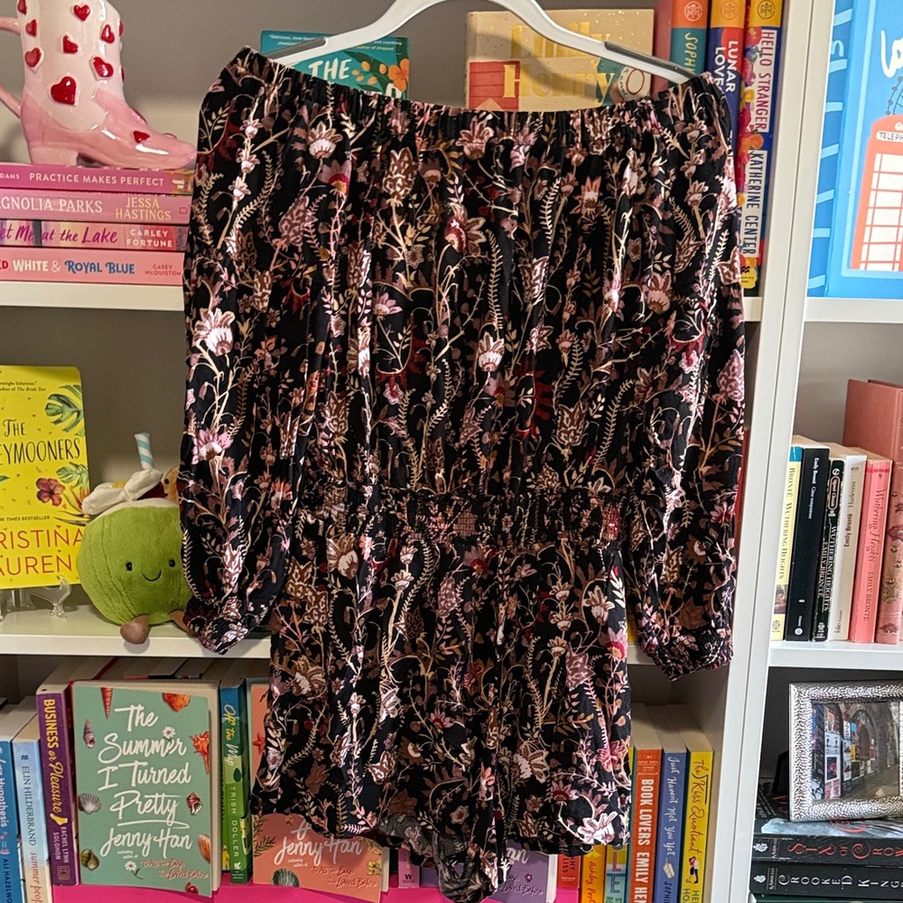 Free People Floral Off-Shoulder Romper - Black and Pink